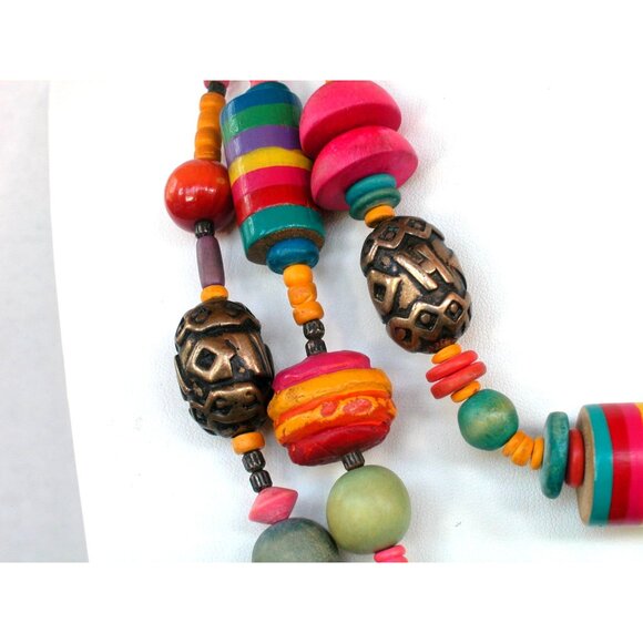 Multicolor Bohemian Style Wooden Beaded Necklace With Metal Accents - Picture 3 of 5